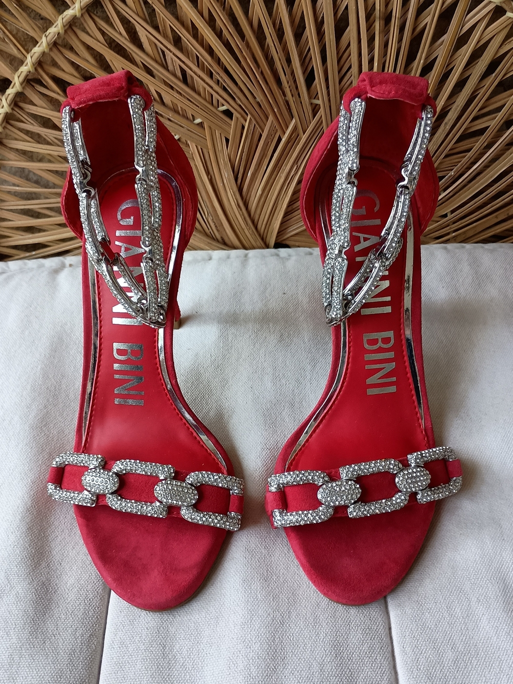 Gianni Bini Red Embellished Chain Strap Sandals_5.5